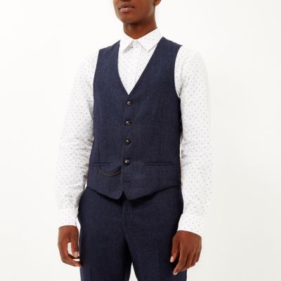 Navy wool-blend slim suit waistcoat